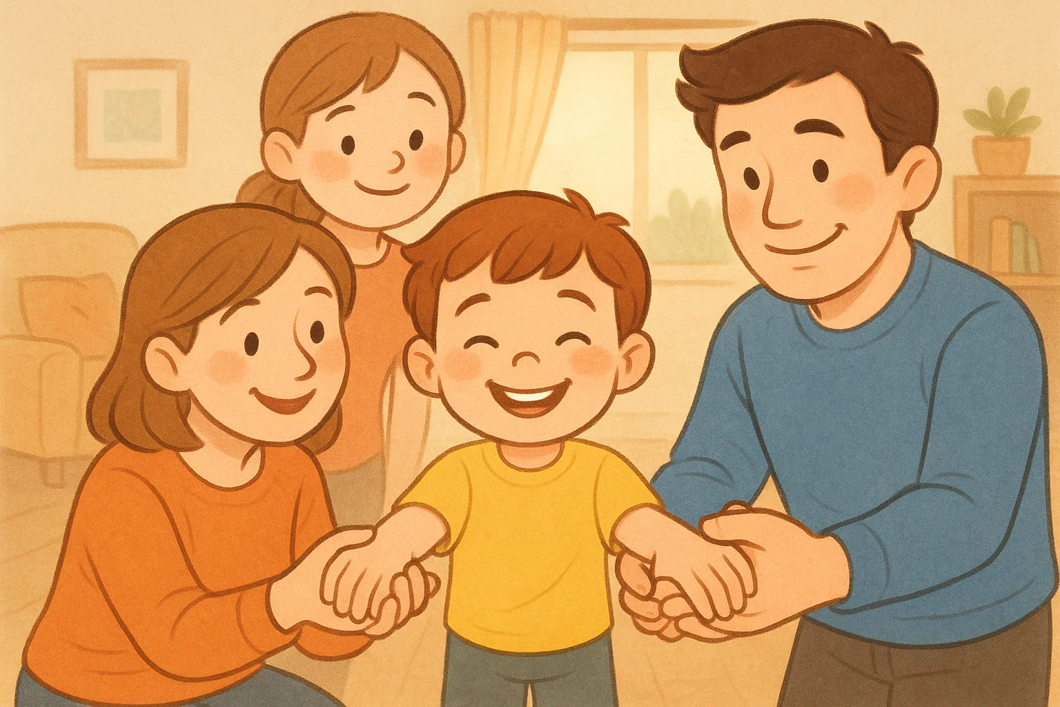 A cartoon of a family supporting a child with OCD hand washing, showing love and hope. A cartoon of a family supporting a child with OCD hand washing, showing love and hope.