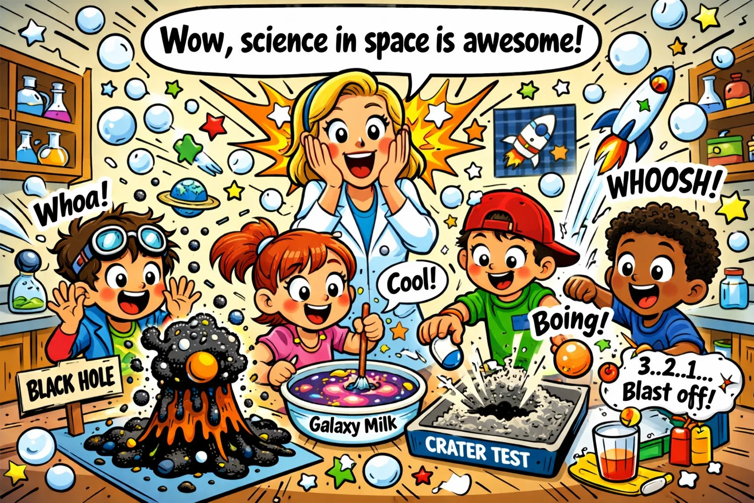  High-interest space science experiments with craters, rockets, and galaxy milk.
