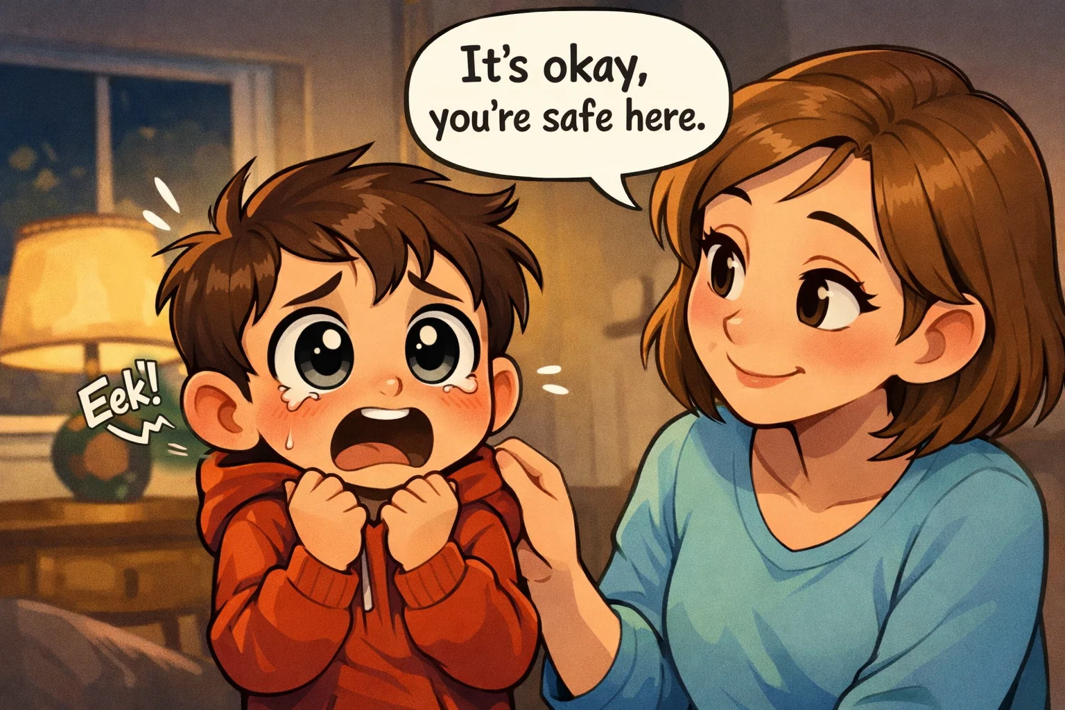 Cartoon image of a sensitive child reacting to loud noises and bright lights with tips for parents.
