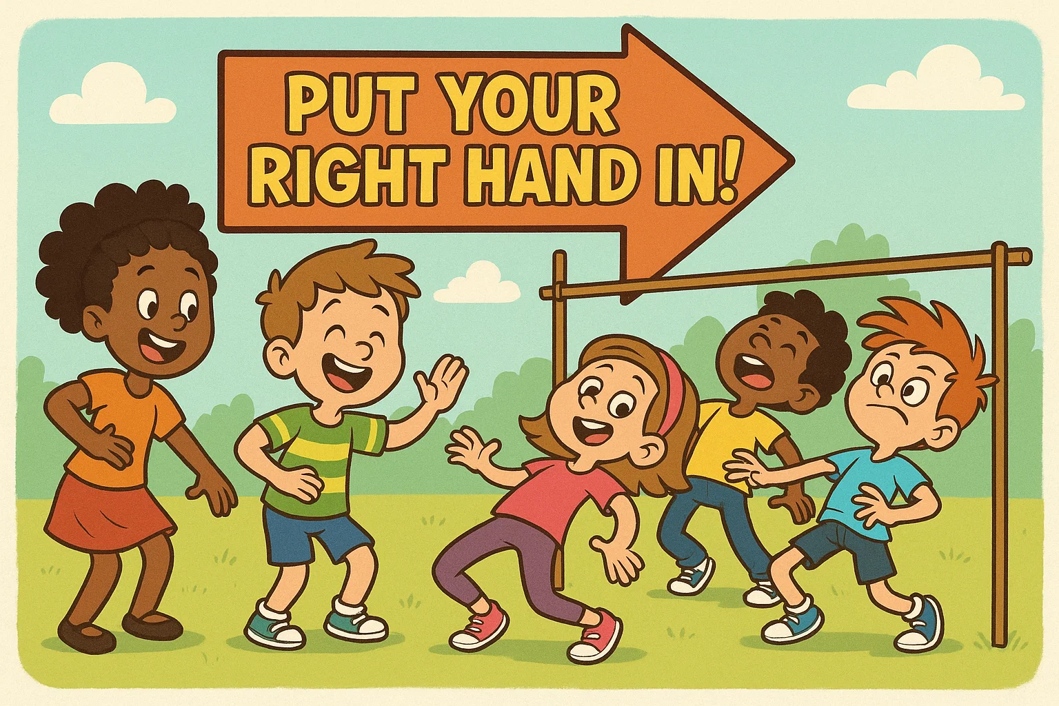 Cartoon kids dancing Hokey Pokey and doing limbo in music activity. Cartoon kids dancing Hokey Pokey and doing limbo in music activity.