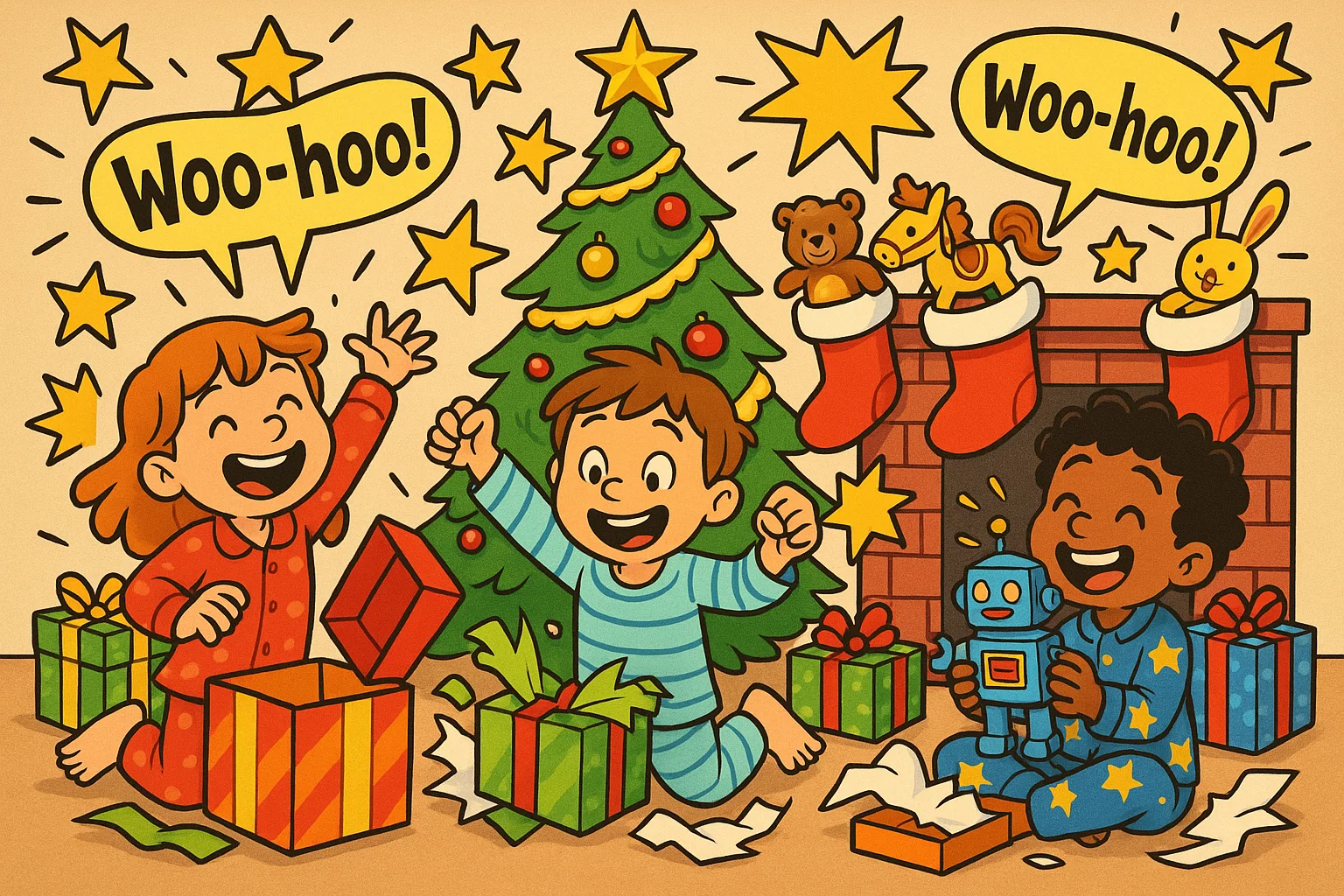 Cartoon holiday gift ideas for kids with tree and presents. Cartoon holiday gift ideas for kids with tree and presents.