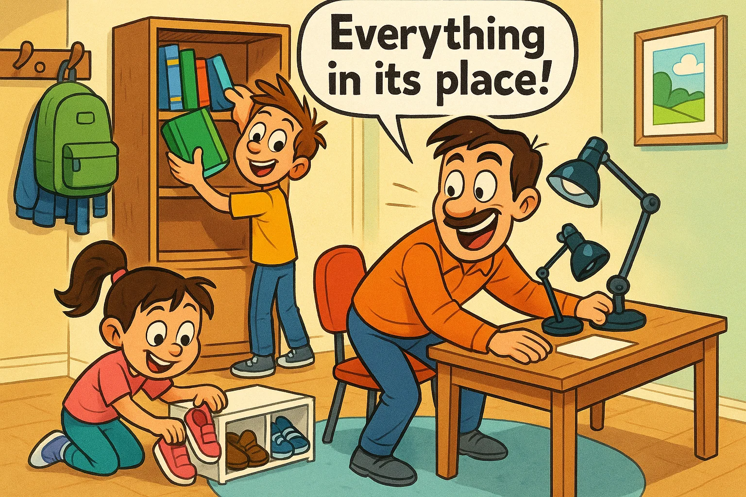 Family completing home organization checklist with study desk, books and shoes.