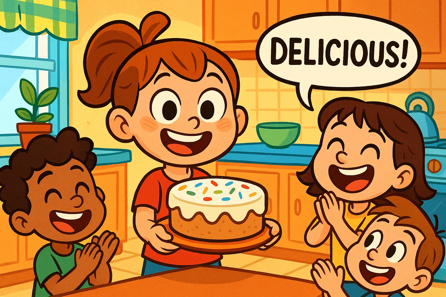 Child showing simple homemade birthday cake with sprinkles. Child showing simple homemade birthday cake with sprinkles.