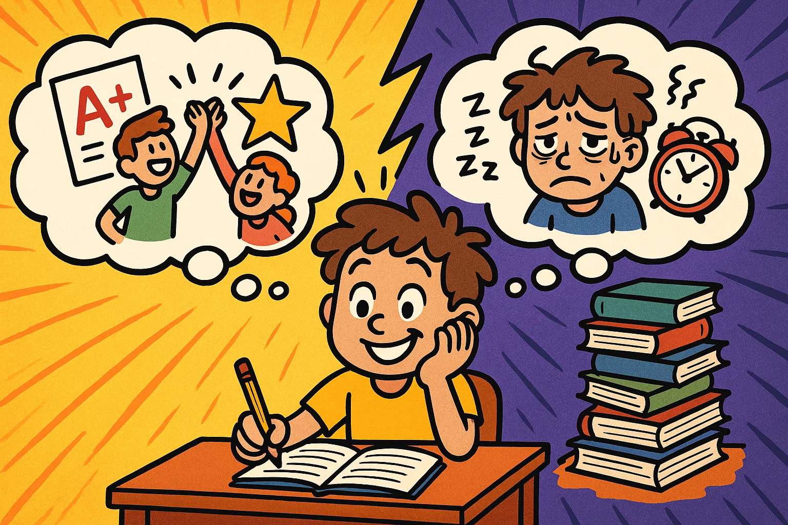 Cartoon student comparing advantages and disadvantages of homework in a fun style. Cartoon student comparing advantages and disadvantages of homework in a fun style.