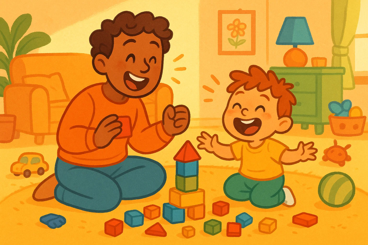 A person and a child joyfully playing together with building blocks. A person and a child joyfully playing together with building blocks.