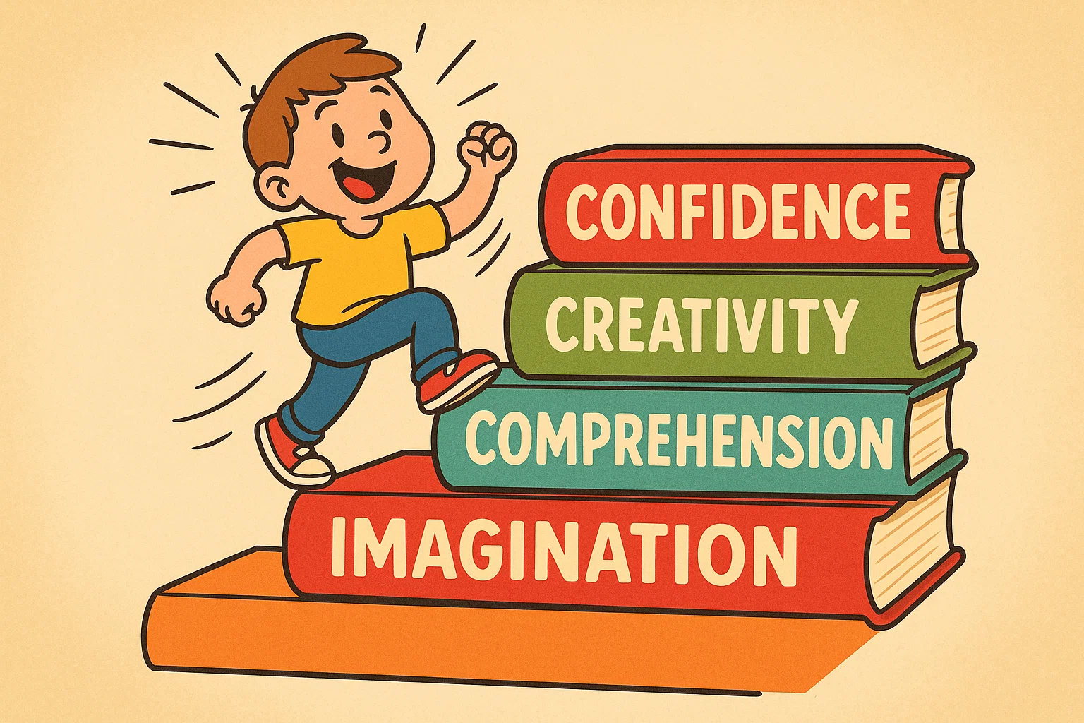 Cartoon child learning with reading activities that build key skills.