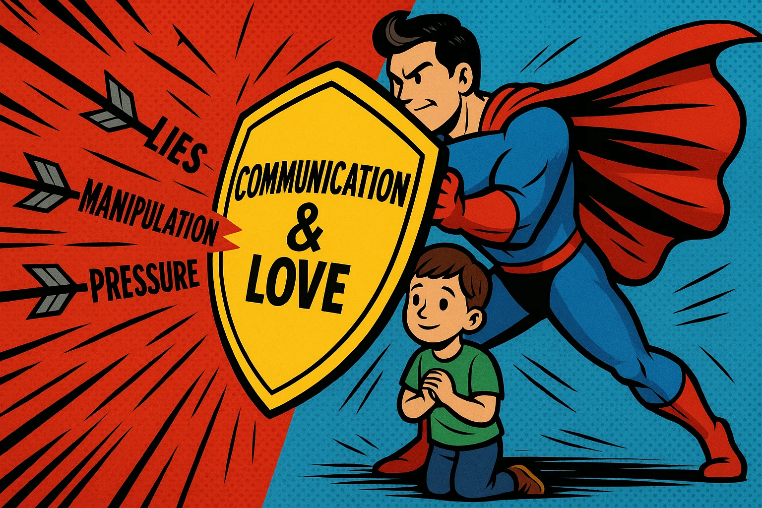 Cartoon showing how to address parental alienation with shield of communication and love.