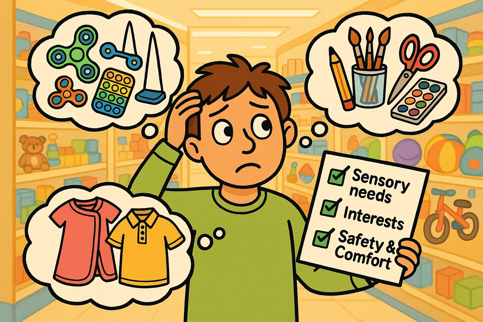 Parent choosing autism-friendly gifts with bubbles showing toys and activities.