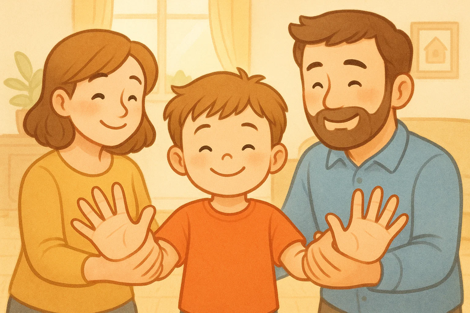 Cartoon image showing a family's support for a child with OCD hand washing, emphasizing hope and gentle care. Cartoon image showing a family's support for a child with OCD hand washing, emphasizing hope and gentle care.