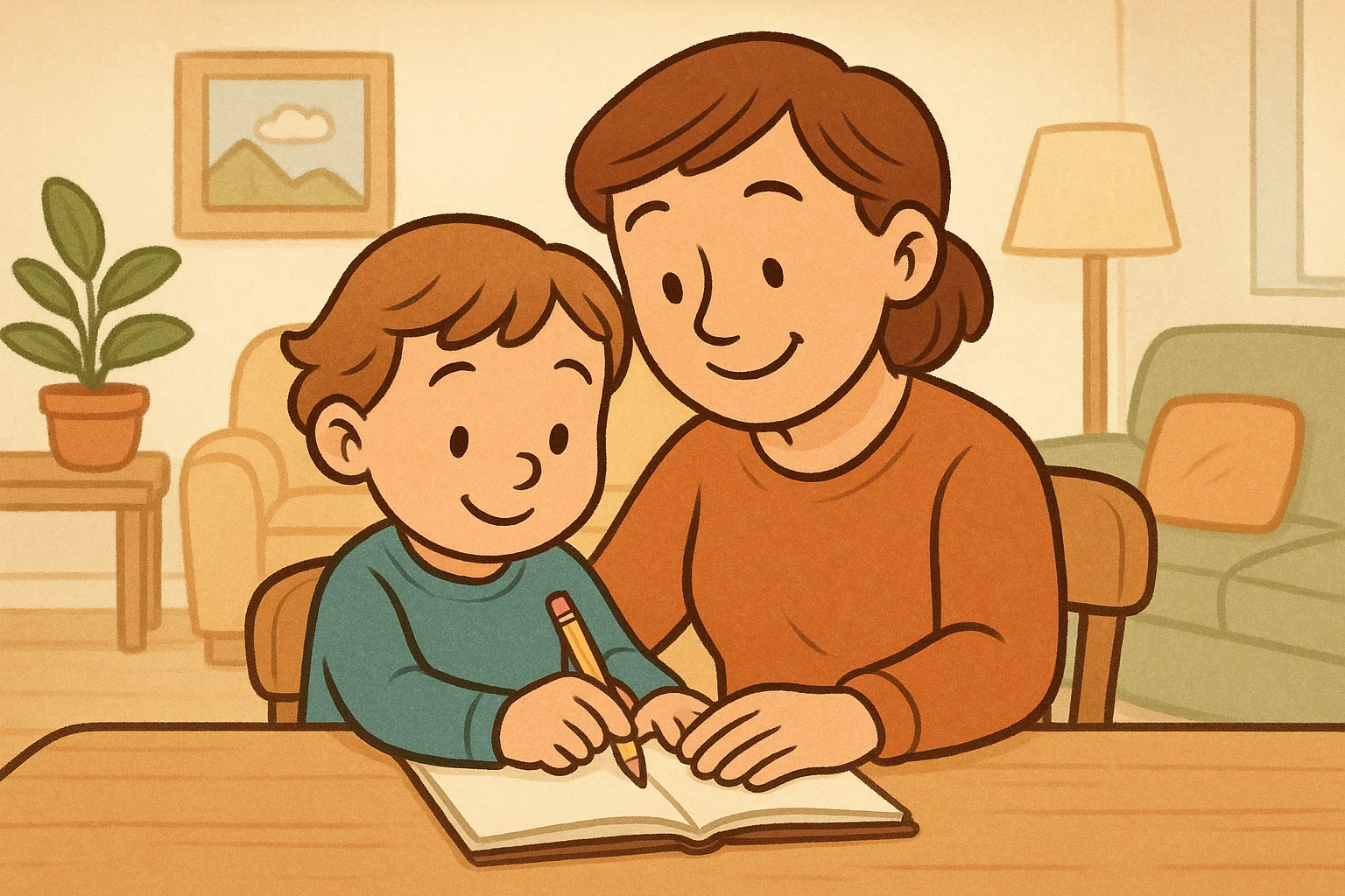 A cartoon of a parent helping their child with handwriting at home, showing correct pencil grip and a supportive atmosphere.