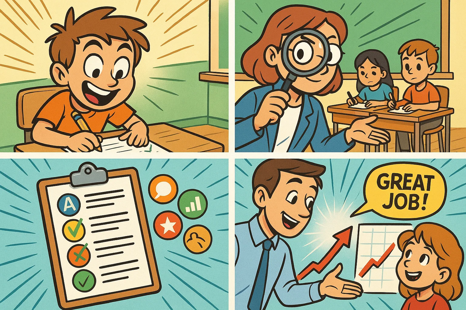 Cartoon showing self-assessment, teacher observation, tests and feedback for learning styles.