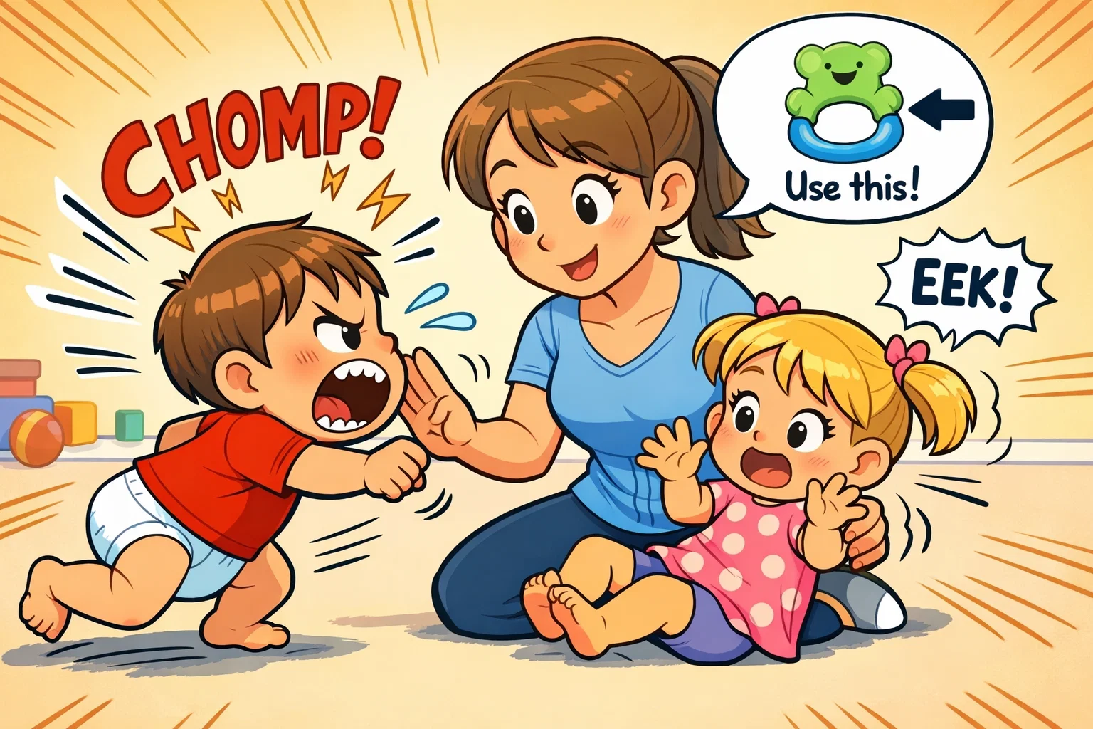 How to stop toddler biting with calm parent redirecting child to teether.