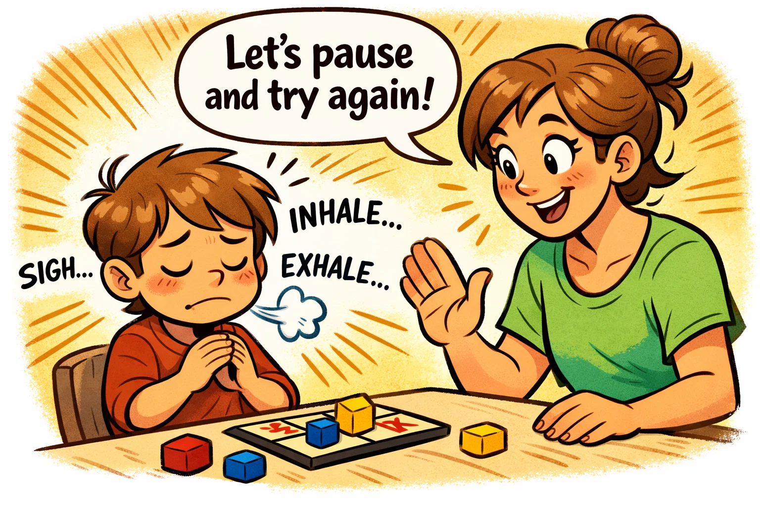 Parent and child playing a game to practice emotional regulation skills in a playful setting.
