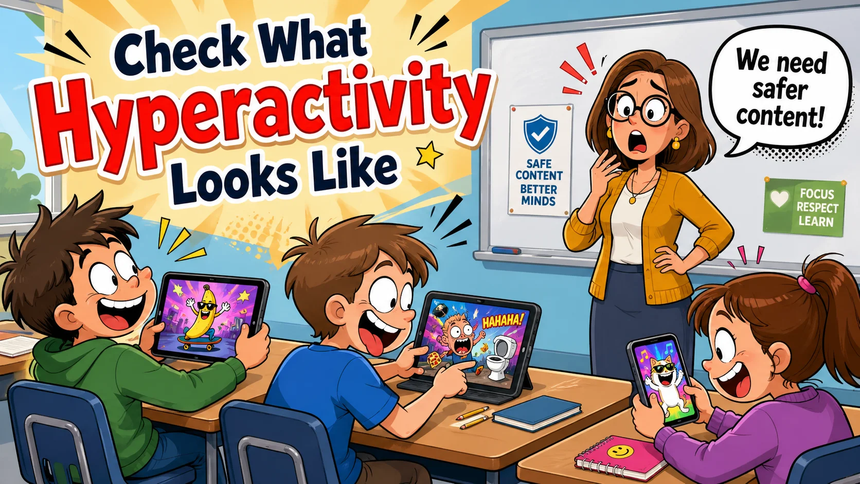 Hyperactive child behavior in classroom with distracted students and surprised teacher.