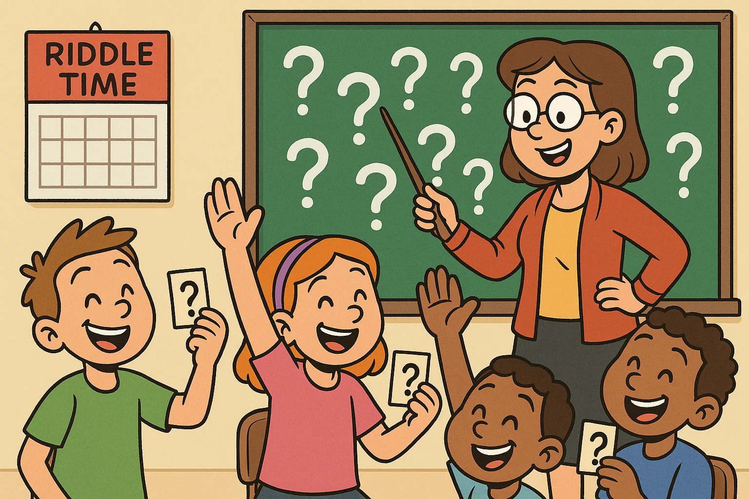 Implementing riddles in daily learning with teacher and kids solving classroom puzzles.