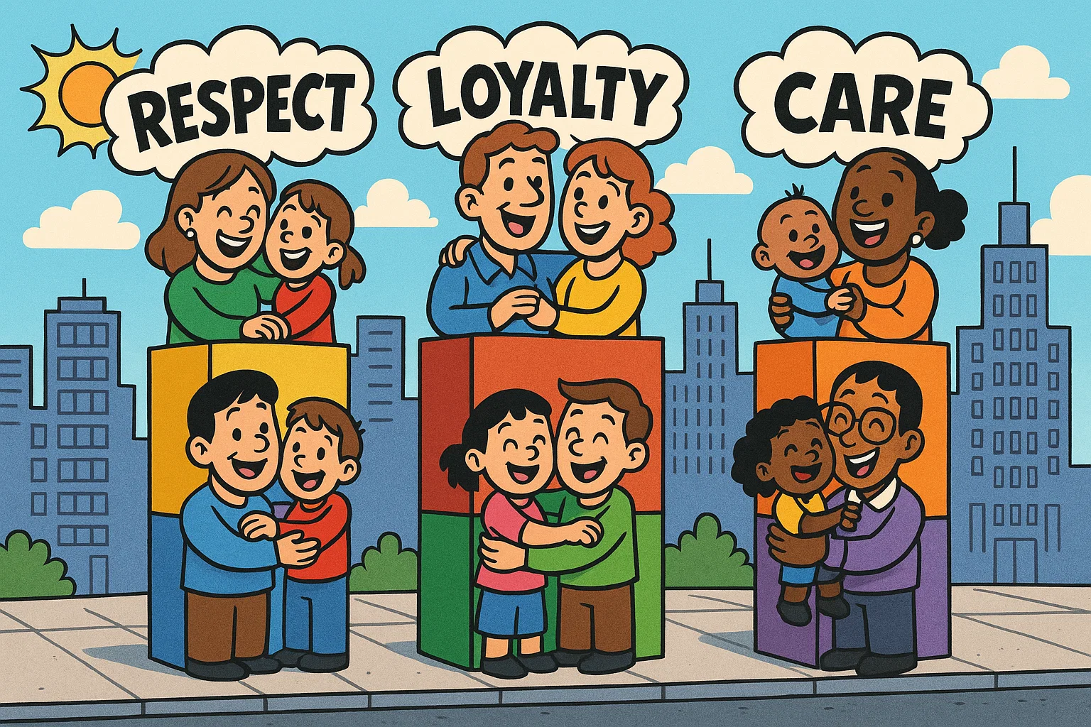 Cartoon showing importance of traditional family values in society. Cartoon showing importance of traditional family values in society.