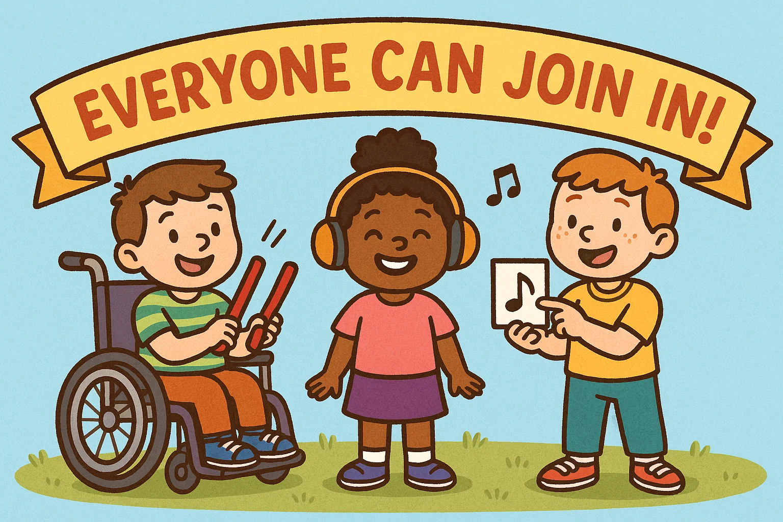 Cartoon kids with diverse abilities participating in inclusive music games. Cartoon kids with diverse abilities participating in inclusive music games.