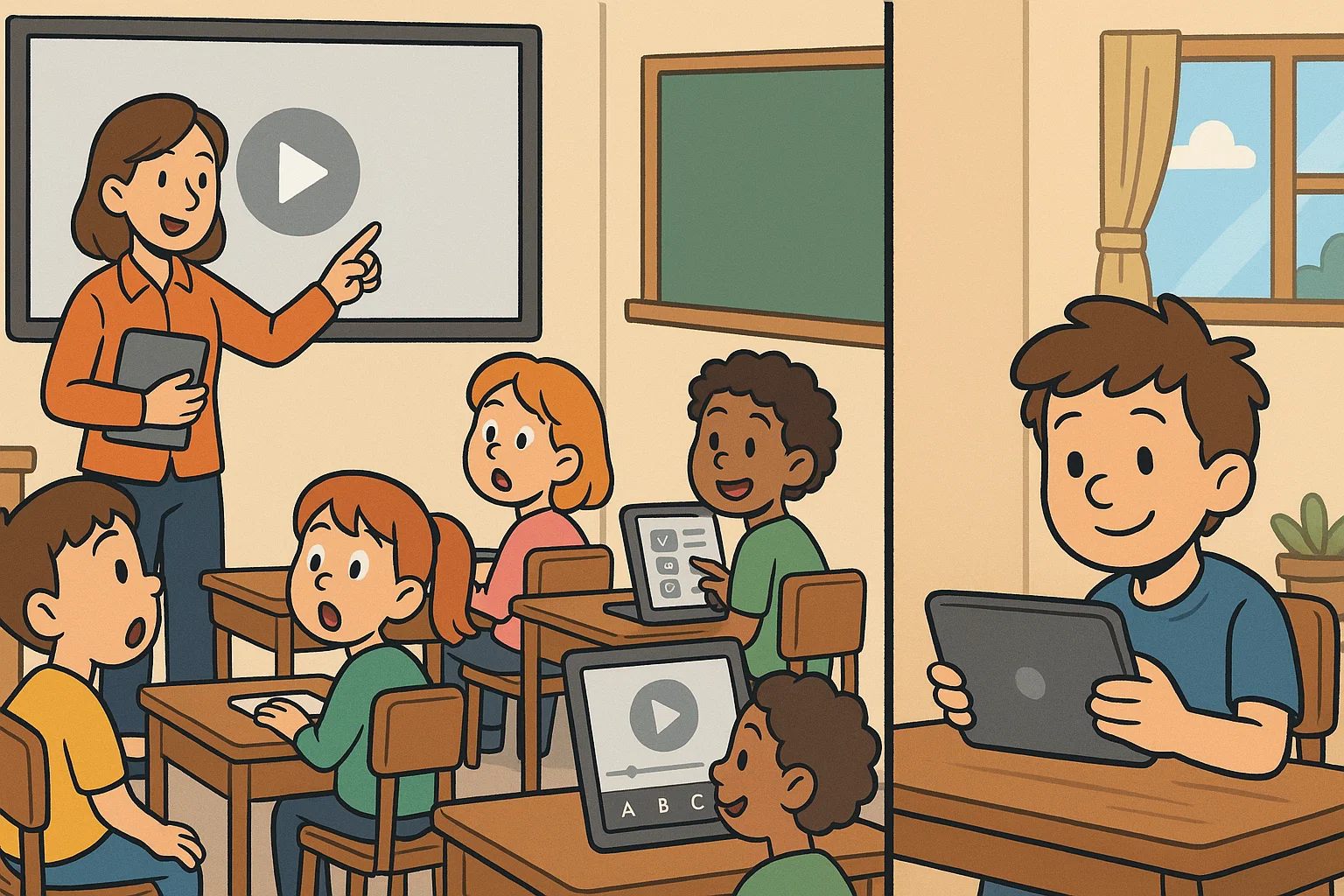 Teacher using video clips for class opener and interactive student activities. Teacher using video clips for class opener and interactive student activities.