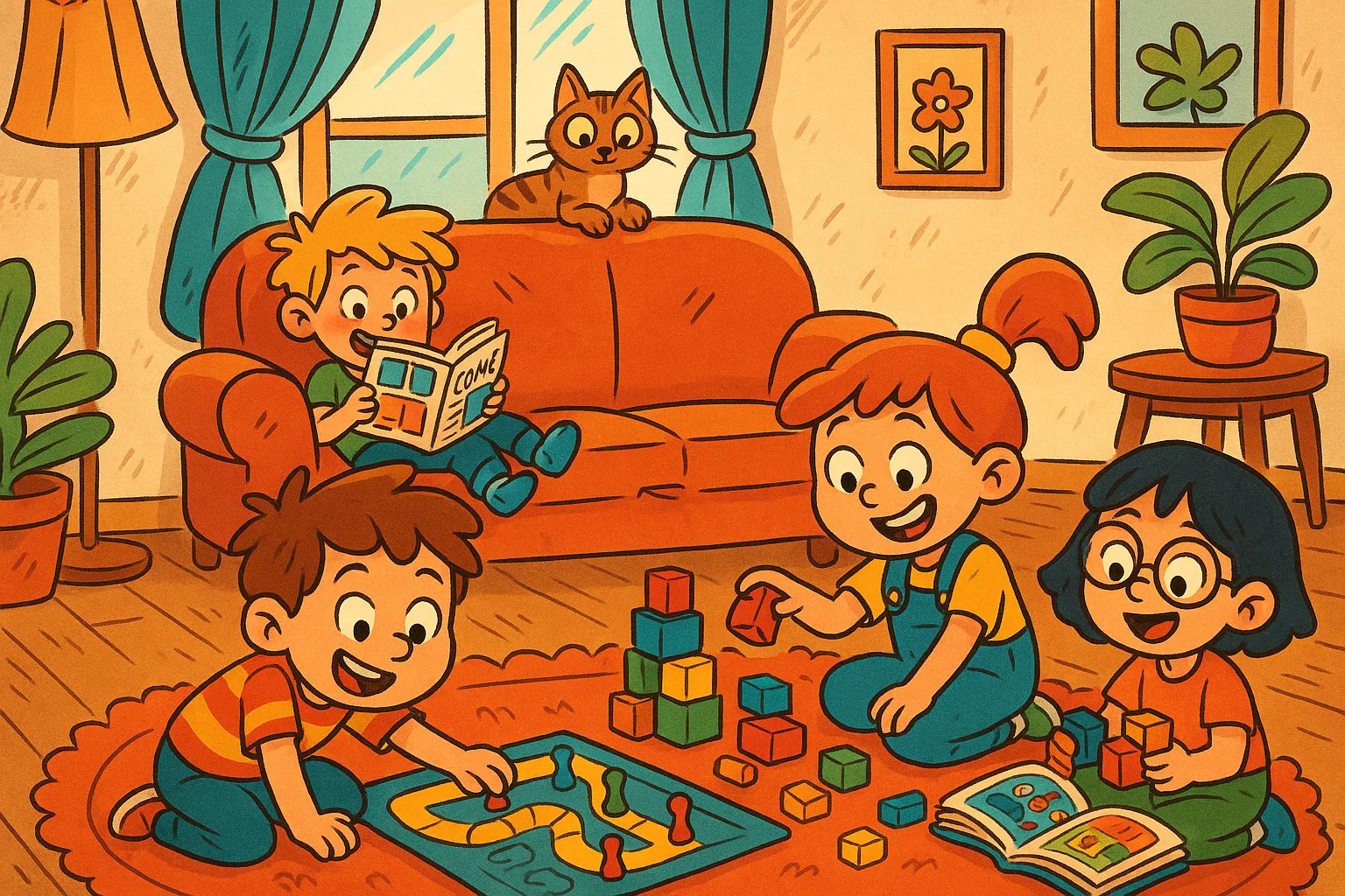 Kids playing board games, building blocks, and reading books
