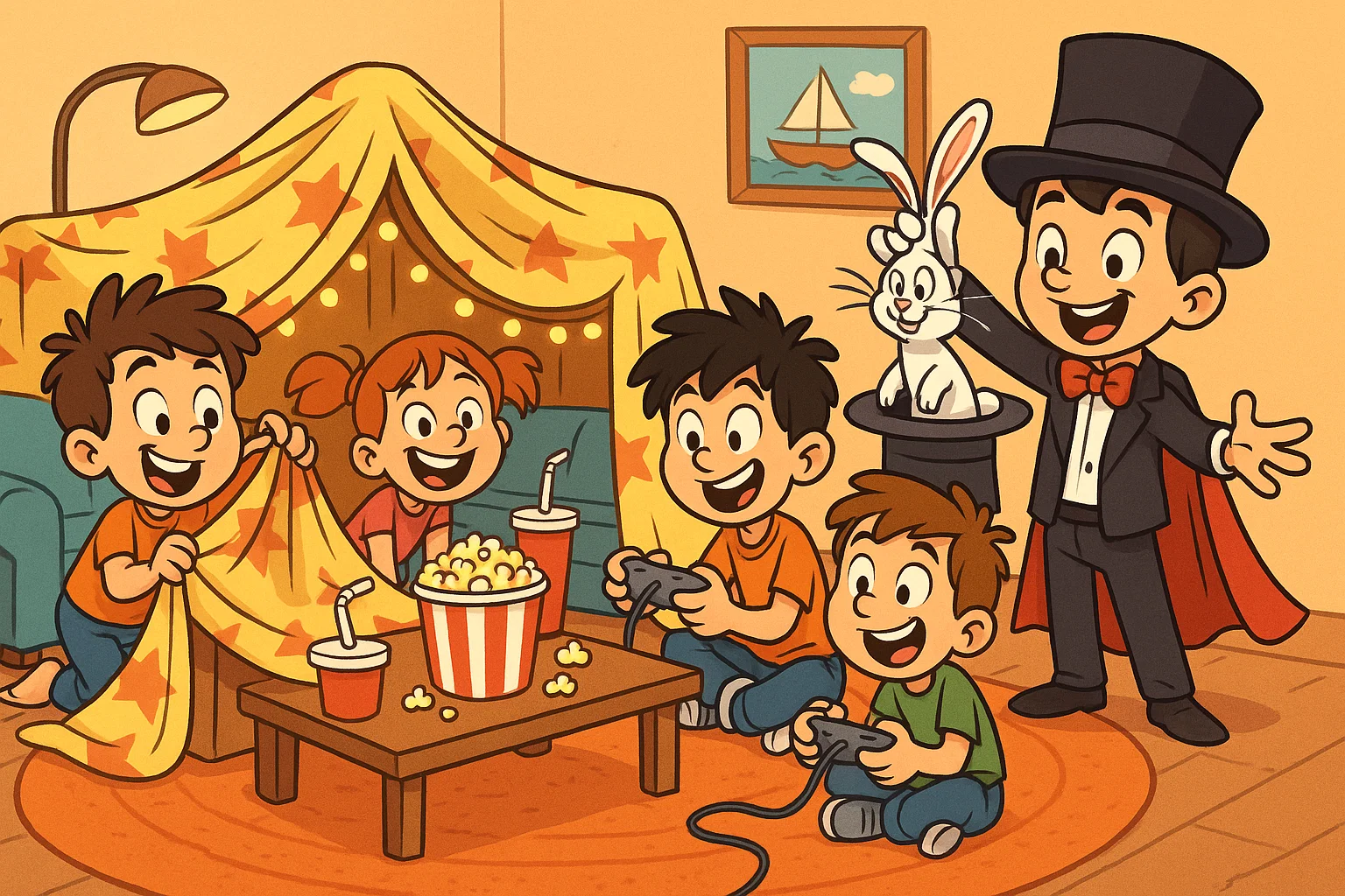Indoor birthday party with games, blanket fort and magician. Indoor birthday party with games, blanket fort and magician.