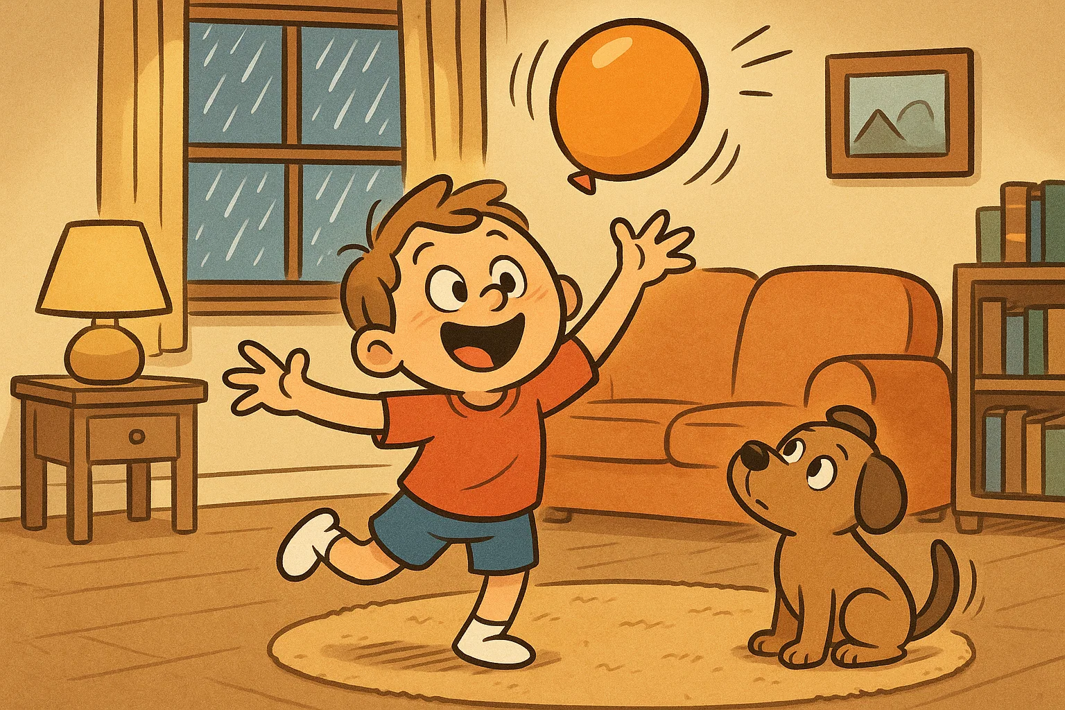 A cheerful child and a dog playing with a balloon inside on a rainy day.