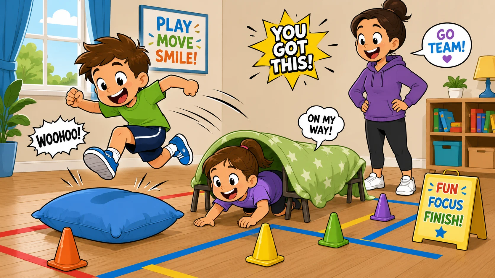 Indoor obstacle course for kids birthday party with pillows and cones. 
