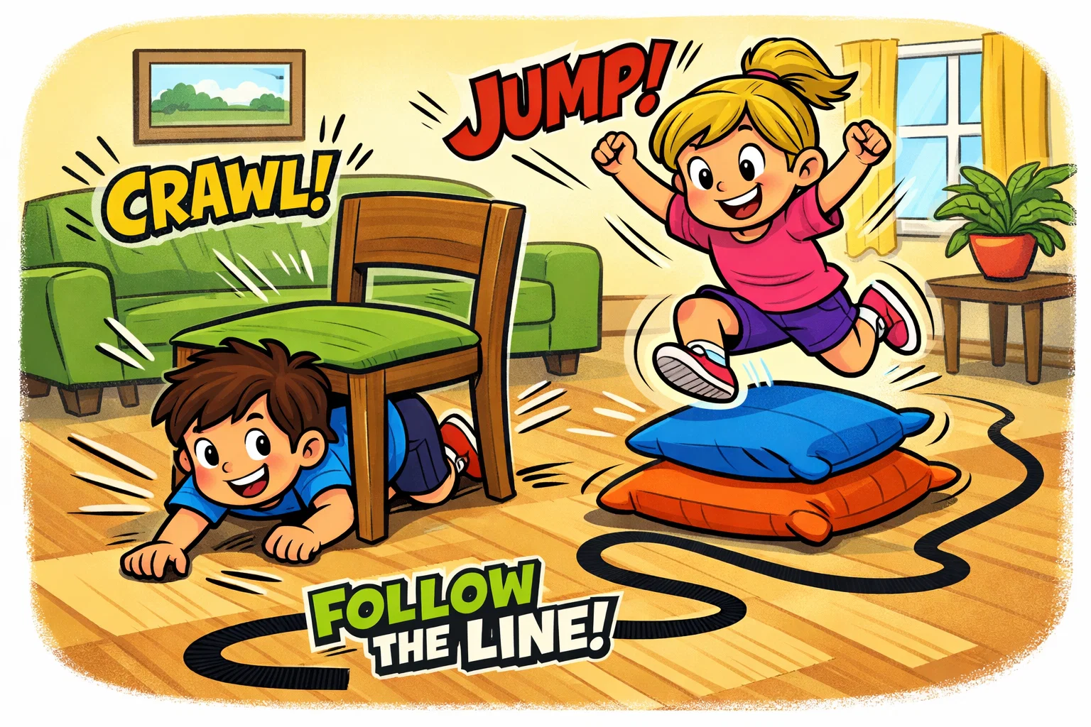 Indoor obstacle course kids at home playing with pillows and chairs.