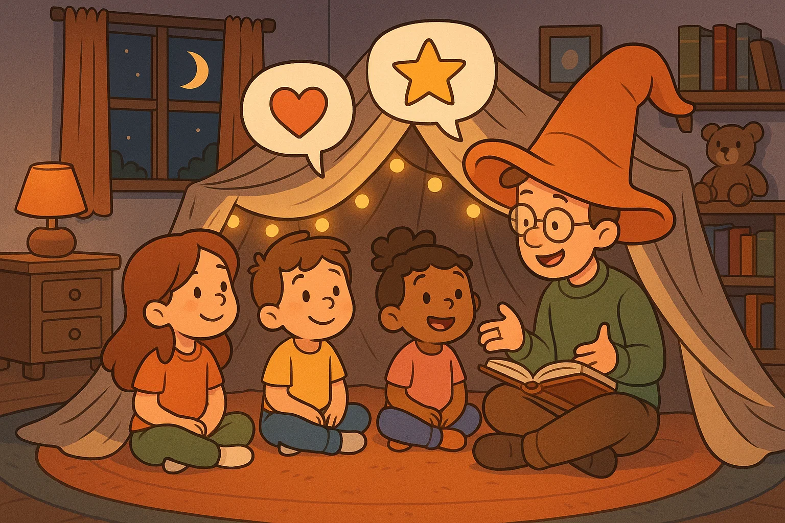 Kids enjoying indoor storytelling with blanket tent and fairy lights. 
