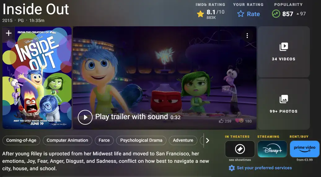 Inside Out calming Pixar movie with emotions Joy Sadness Anger Fear and Disgust.