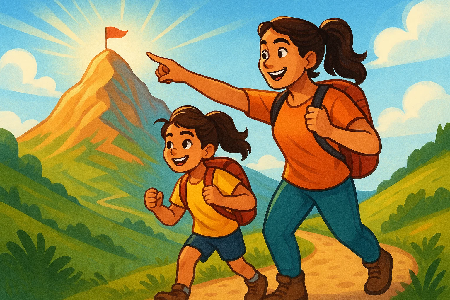 A cartoon of a mother and daughter hiking, with the mother guiding her daughter, symbolizing an inspirational journey of growth.
