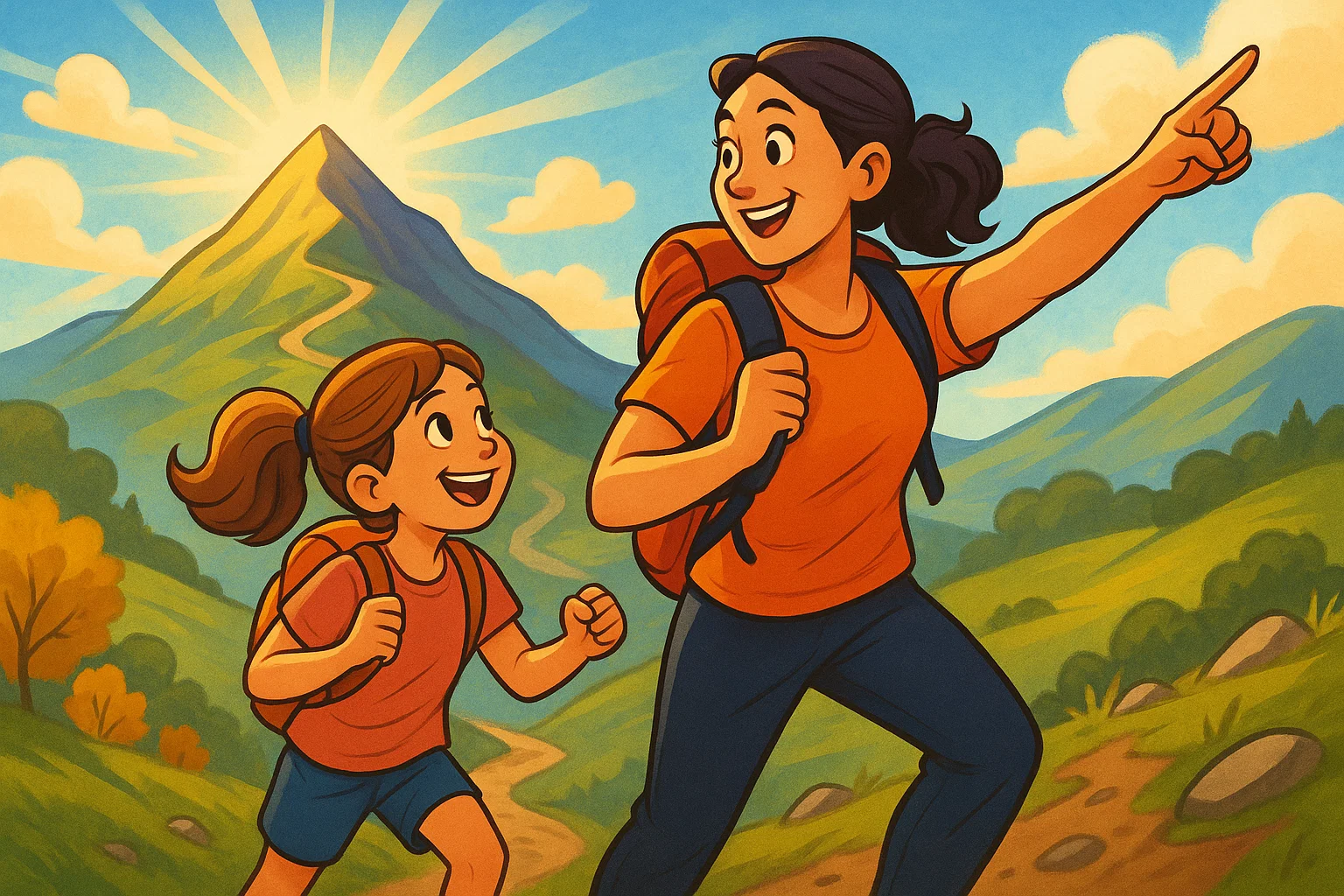 A cartoon of a mother and daughter hiking, with the mother guiding her daughter, symbolizing an inspirational journey of growth.