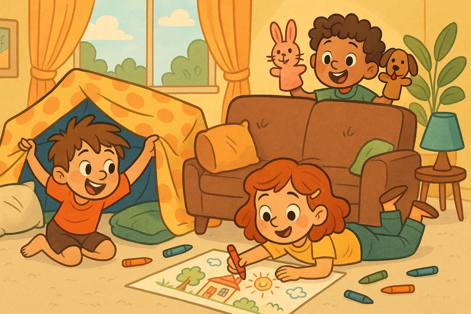A cartoon illustration showing children engaged in various creative indoor activities like building a fort and drawing.