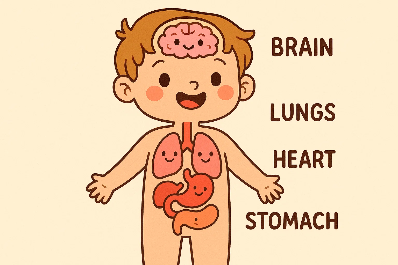 Internal human body parts and organs for kids with cartoon heart lungs and brain. Internal human body parts and organs for kids with cartoon heart lungs and brain.