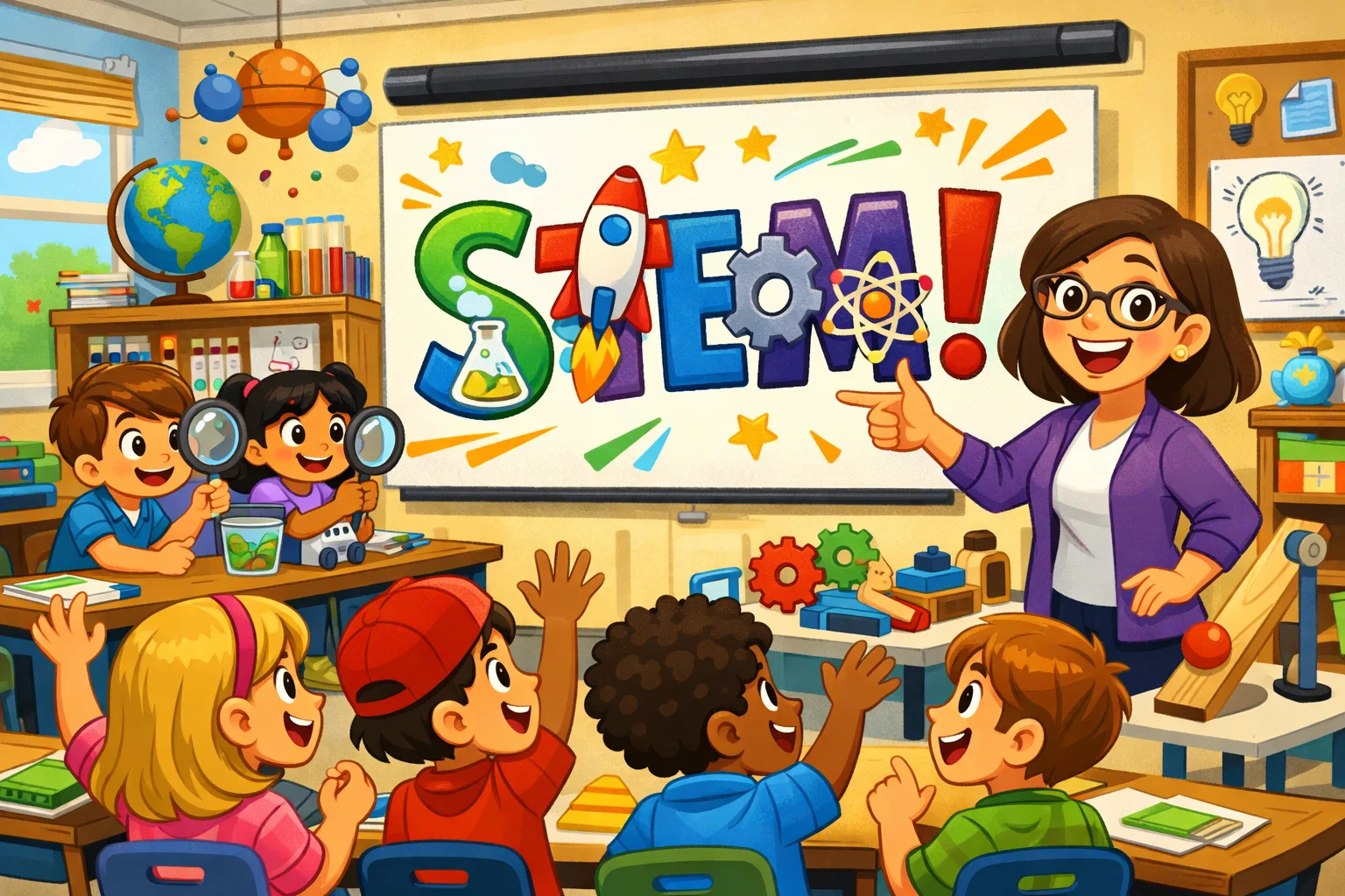 Introduction to STEM activities for elementary students with a bright classroom scene full of learning tools.
