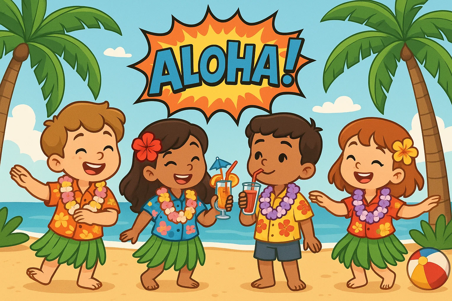 Kids celebrating island-themed birthday with leis and hula dance. Kids celebrating island-themed birthday with leis and hula dance.