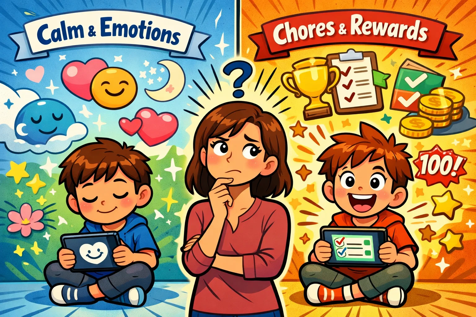 Key differences in app focus between ChomChom and JoonApp for kids with ADHD.
