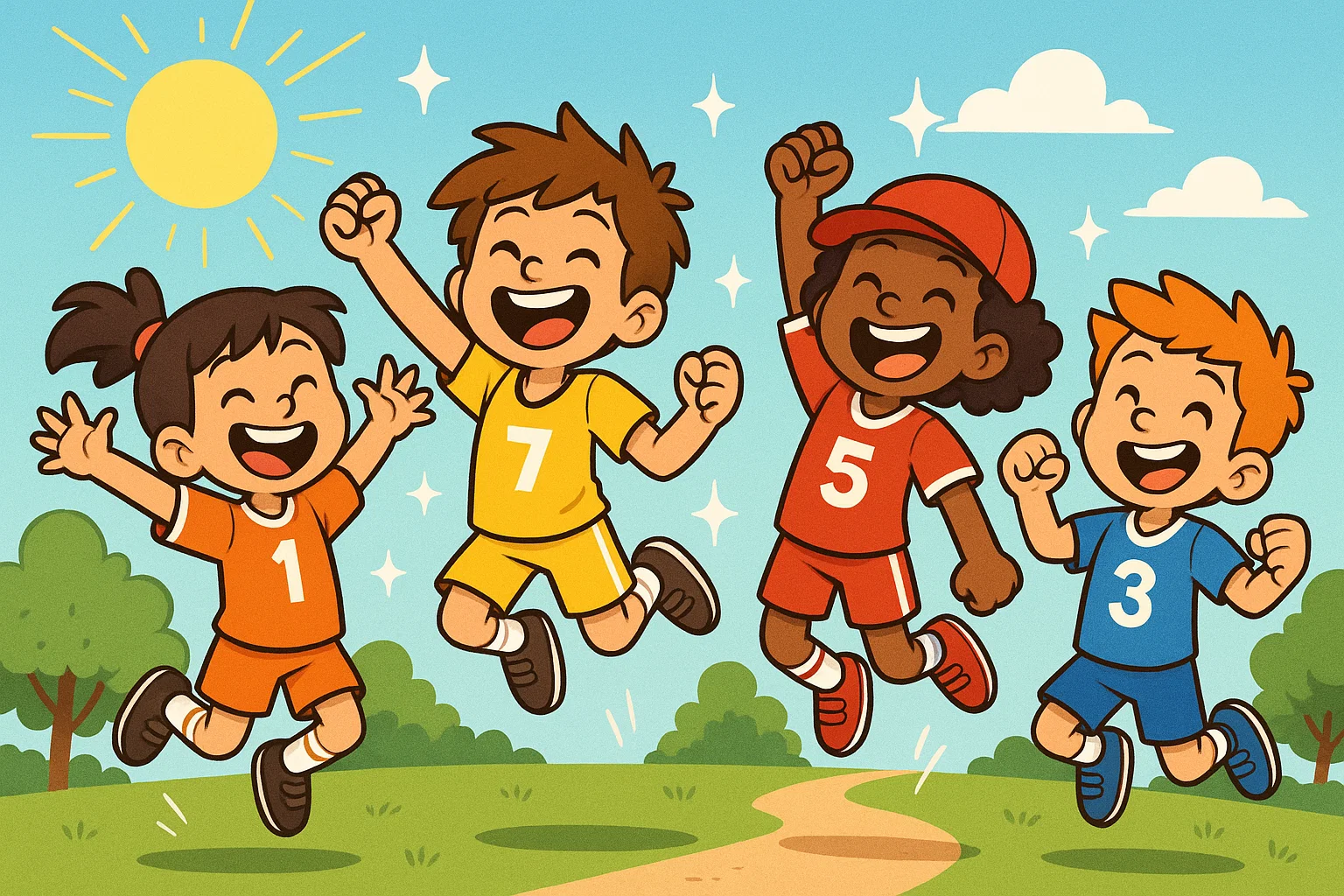 A diverse group of children jumping for joy while wearing sports uniforms. Key reasons children participate in sports.
