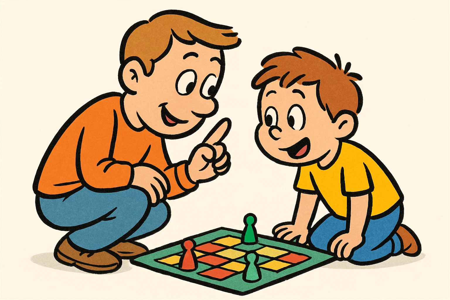 A person and a child playing a board game, with the person pointing.