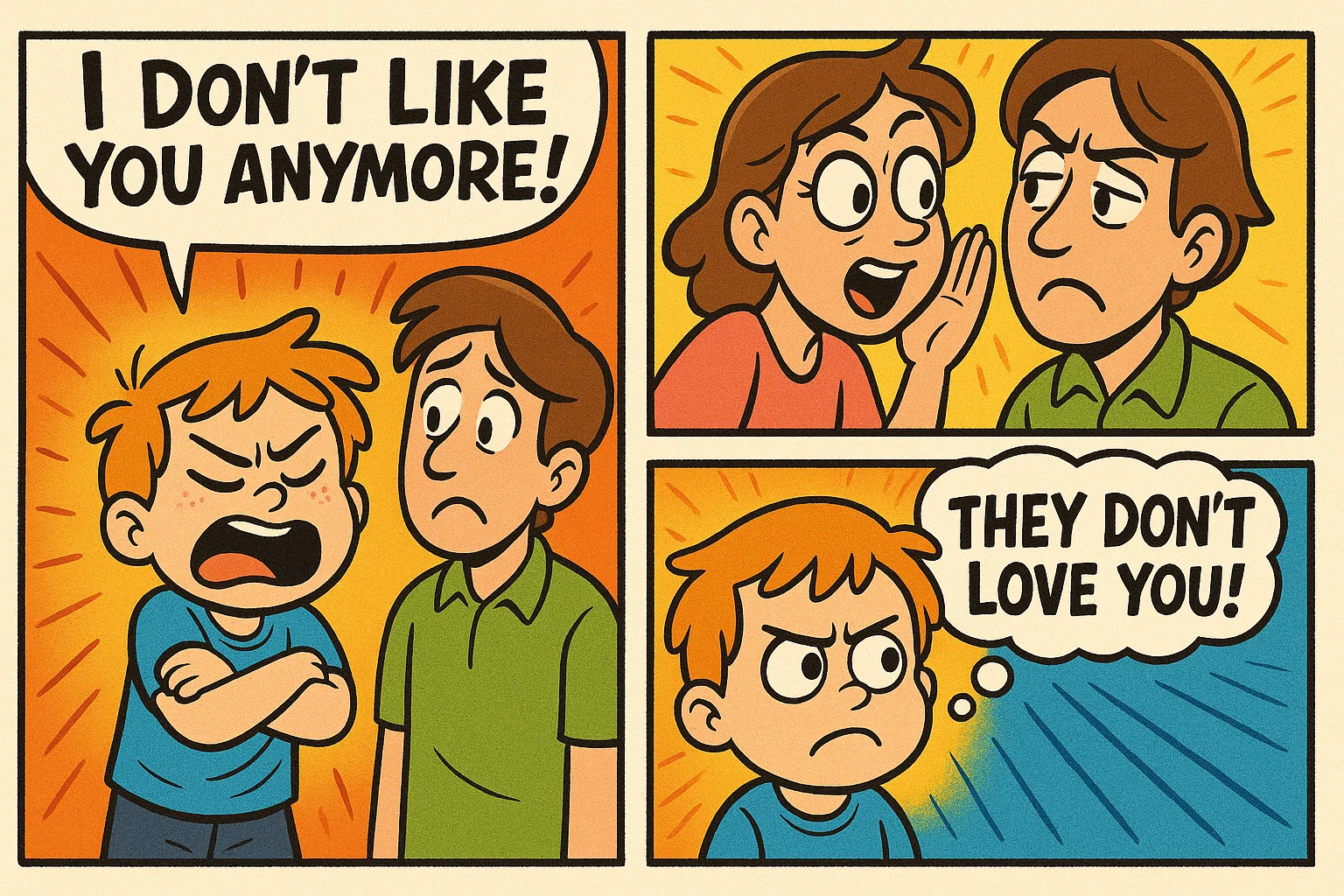 Cartoon panels highlighting key signs of parental alienation in child behavior.