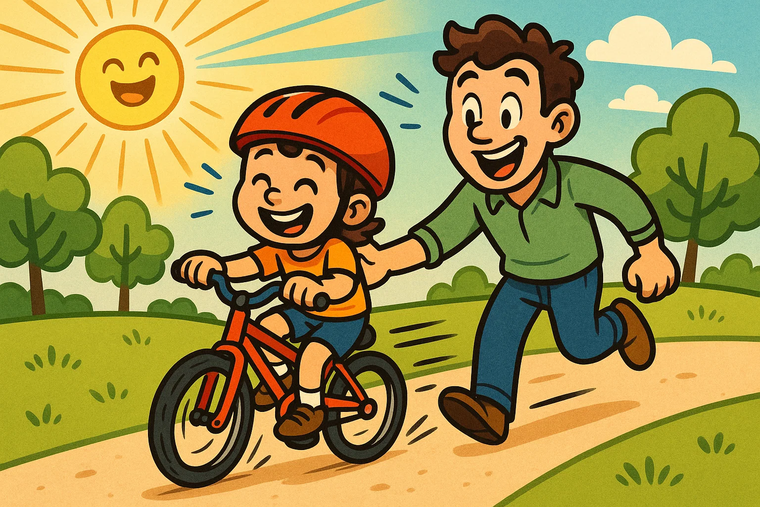 Happy child learns to ride a bike with a proud parent in a sunny park, in a joyful cartoon style. Happy child learns to ride a bike with a proud parent in a sunny park, in a joyful cartoon style.