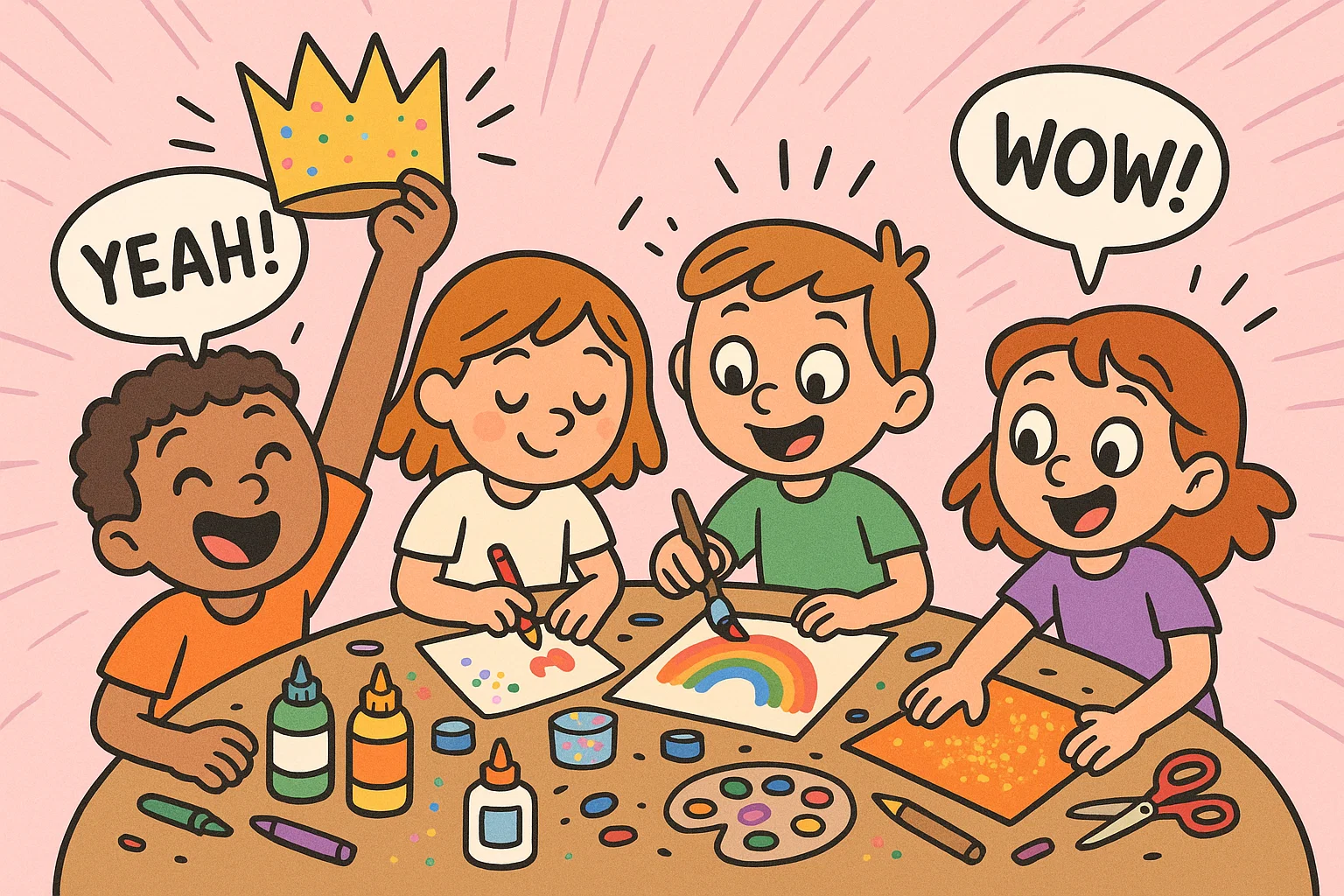 Kids doing arts and crafts, painting, and making creative projects. 
