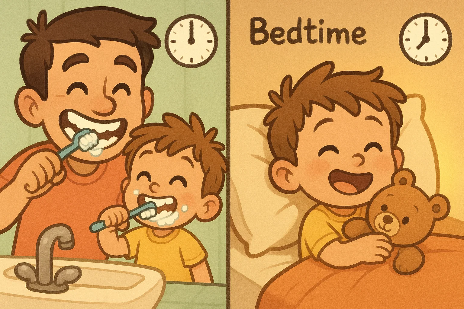  Father helping child brush teeth and child going to bed with teddy bear at night.
