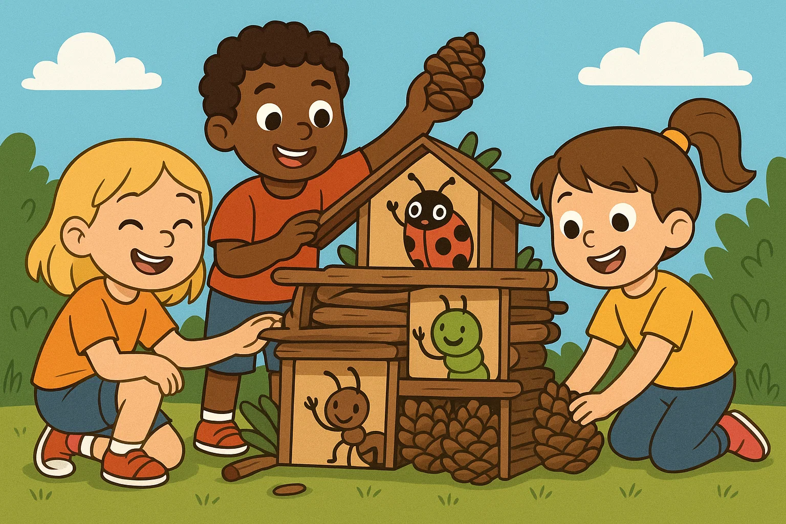 Cartoon kids build a bug hotel with wood and pinecones for insects.
