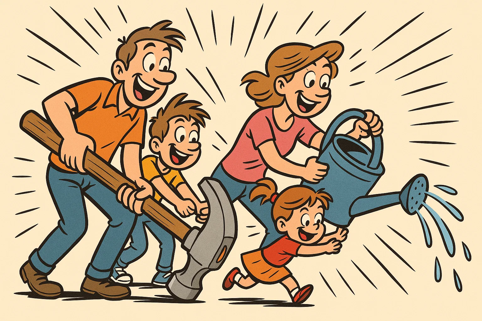 Cartoon kids join hands-on garden building projects with parents.