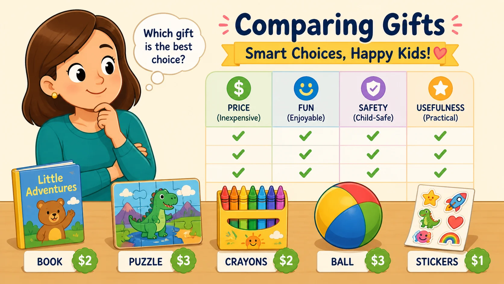 Parent comparing kids gifts under 10 by price, fun, safety, and usefulness.