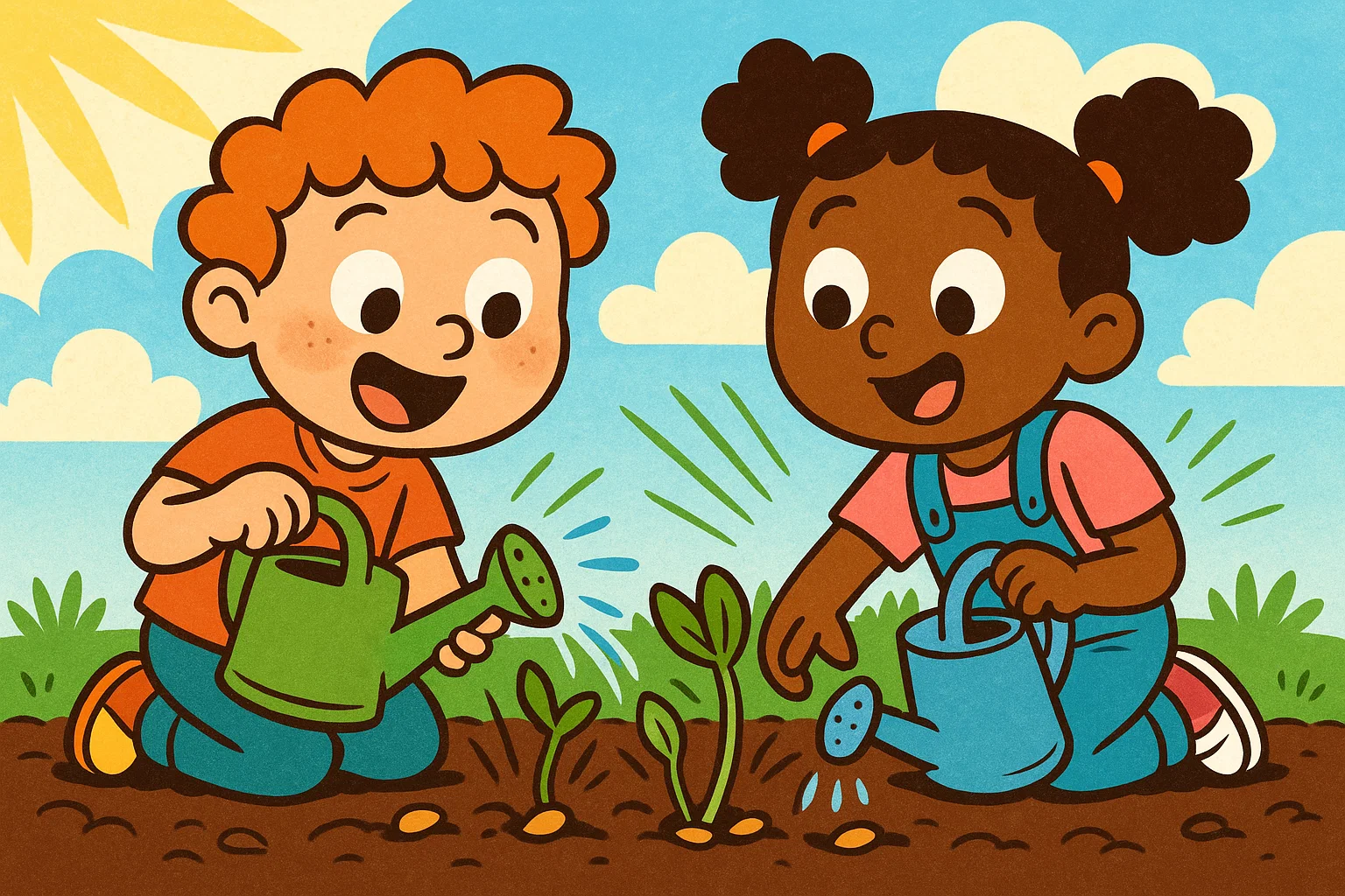 Cartoon kids planting and watering seeds with fun growing garden activities.