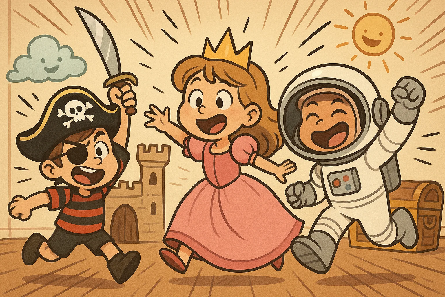 Kids in pirate, princess, and astronaut costumes having imaginative play indoors.
