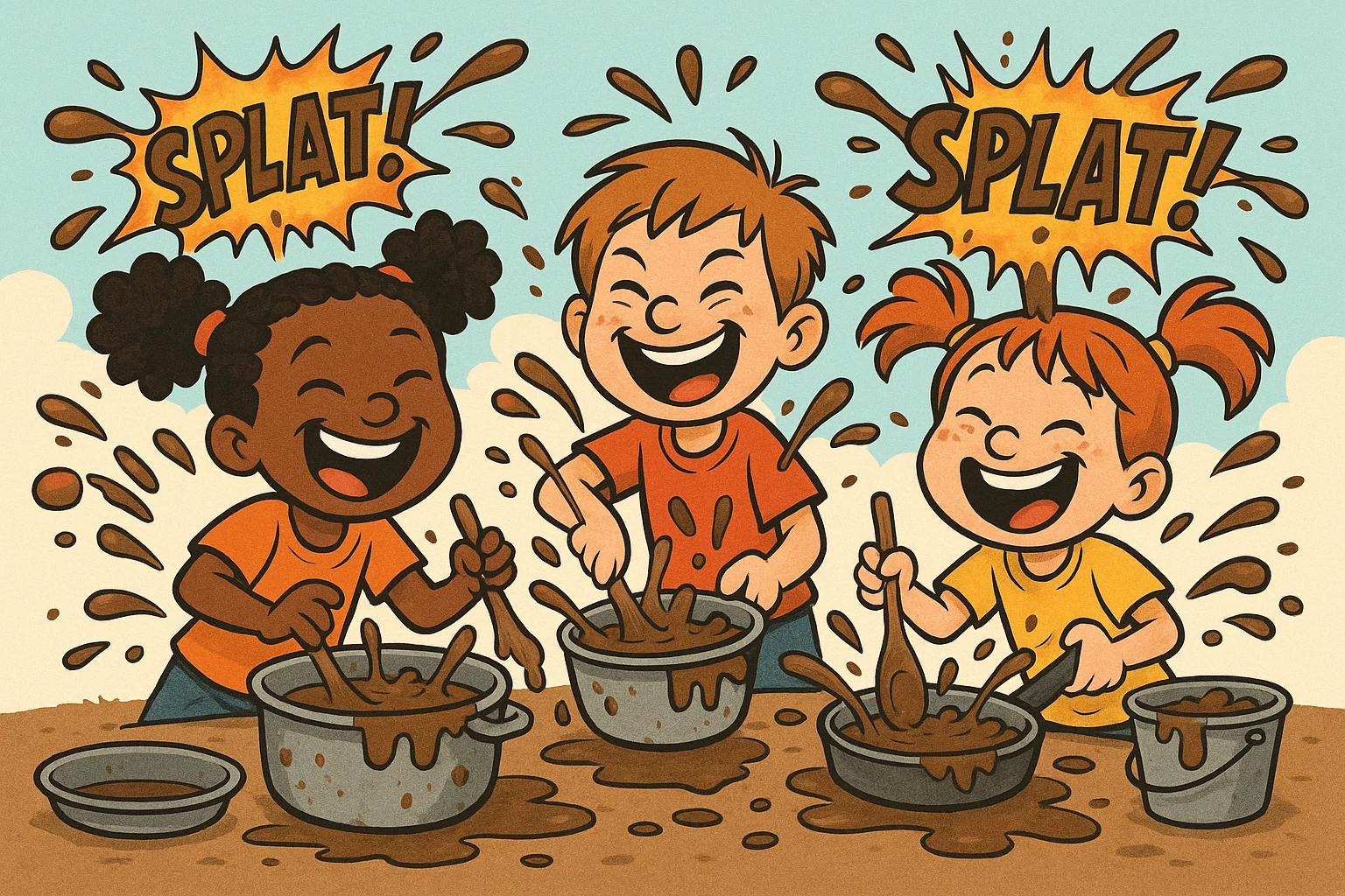 Cartoon kids making a mud play kitchen with messy and fun garden activity.