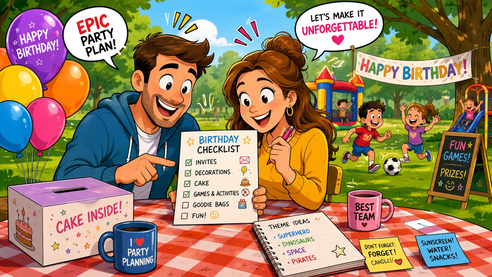 Kids park birthday party planning checklist with balloons, cake, and outdoor games.