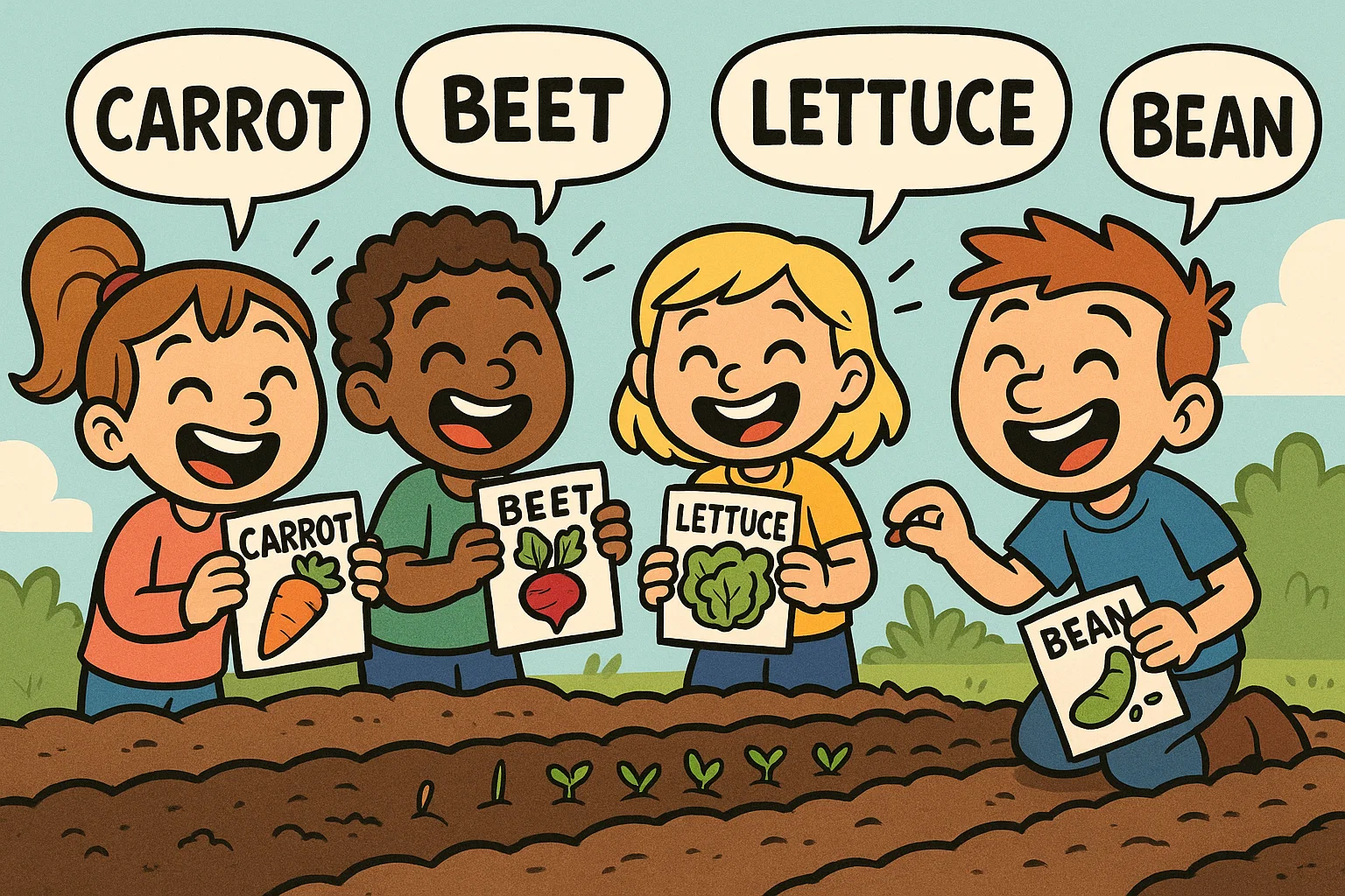 Cartoon kids pick and plant seeds in soil with happy garden expressions.